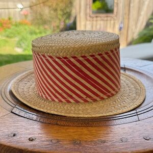 Vintage 1960s Straw Woven Boater Hat - Red Striped Skimmer Hat